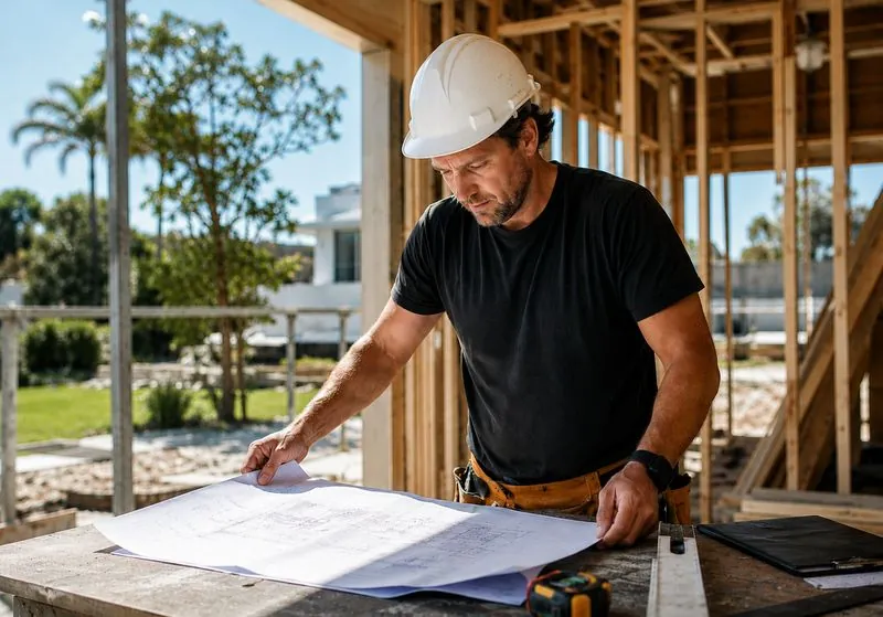 Builder reviewing plans on a construction site