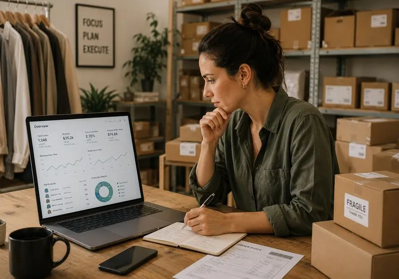 eCommerce founder reviewing an analytics dashboard in a warehouse